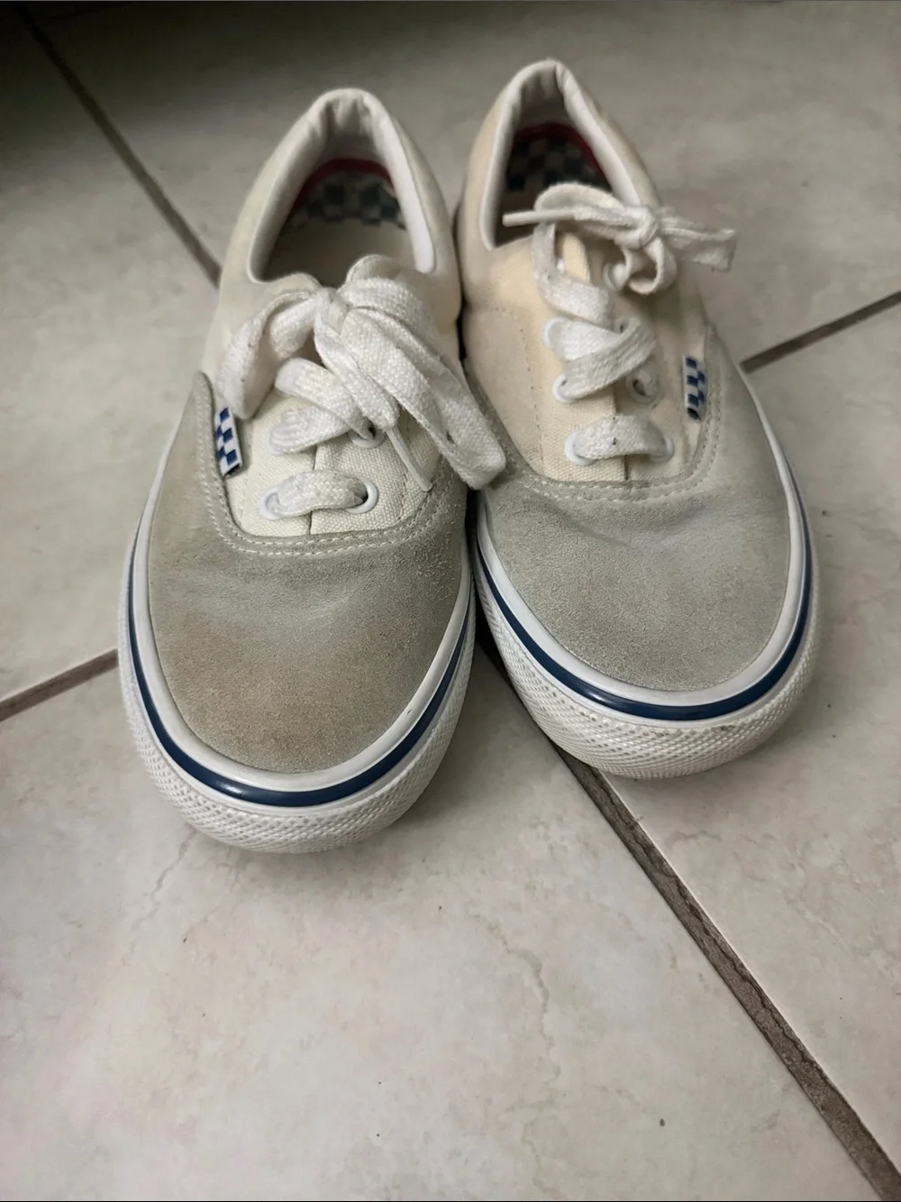 Vans Cream and Blue Low-Top Canvas Sneakers